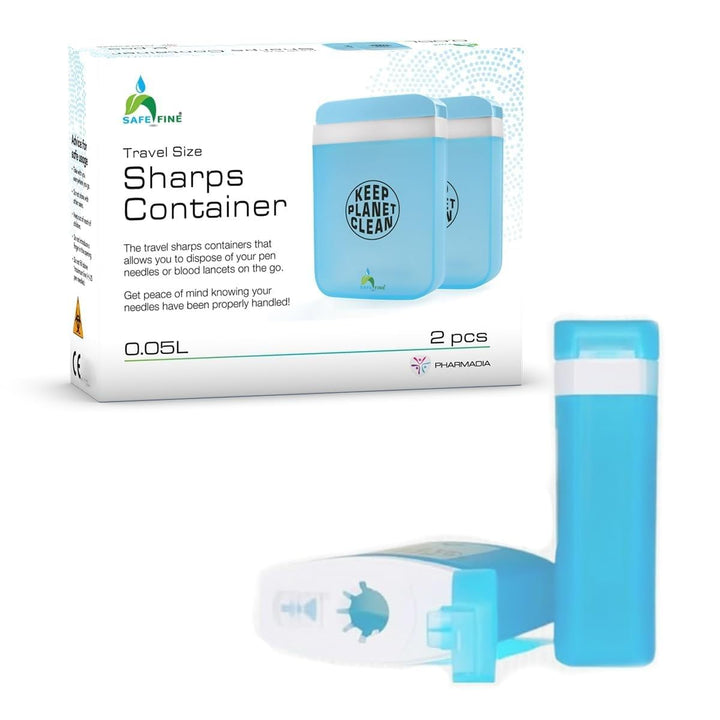 Travel Size Sharps Disposal Container for Diabetic Pen Needles, Blood Lancets and Test Strips - Compact Size Sharps Bin for Travel and Daily Personal Use - 2 Pieces Multiple Use Pack