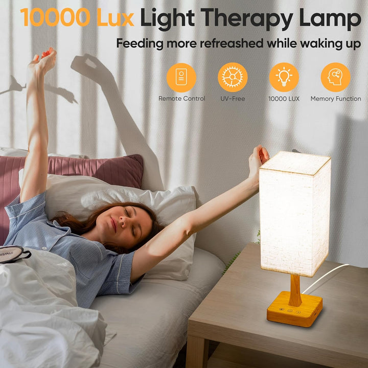 SAD Lamp, 10000 Lux SAD Light with Remote, Upgrade Size, 3 Color Temperatures, 5 Brightness Level Full Spectrum Sun Light Lamp with USB C & a Ports Home/Office Use as Lift Mood, Wood