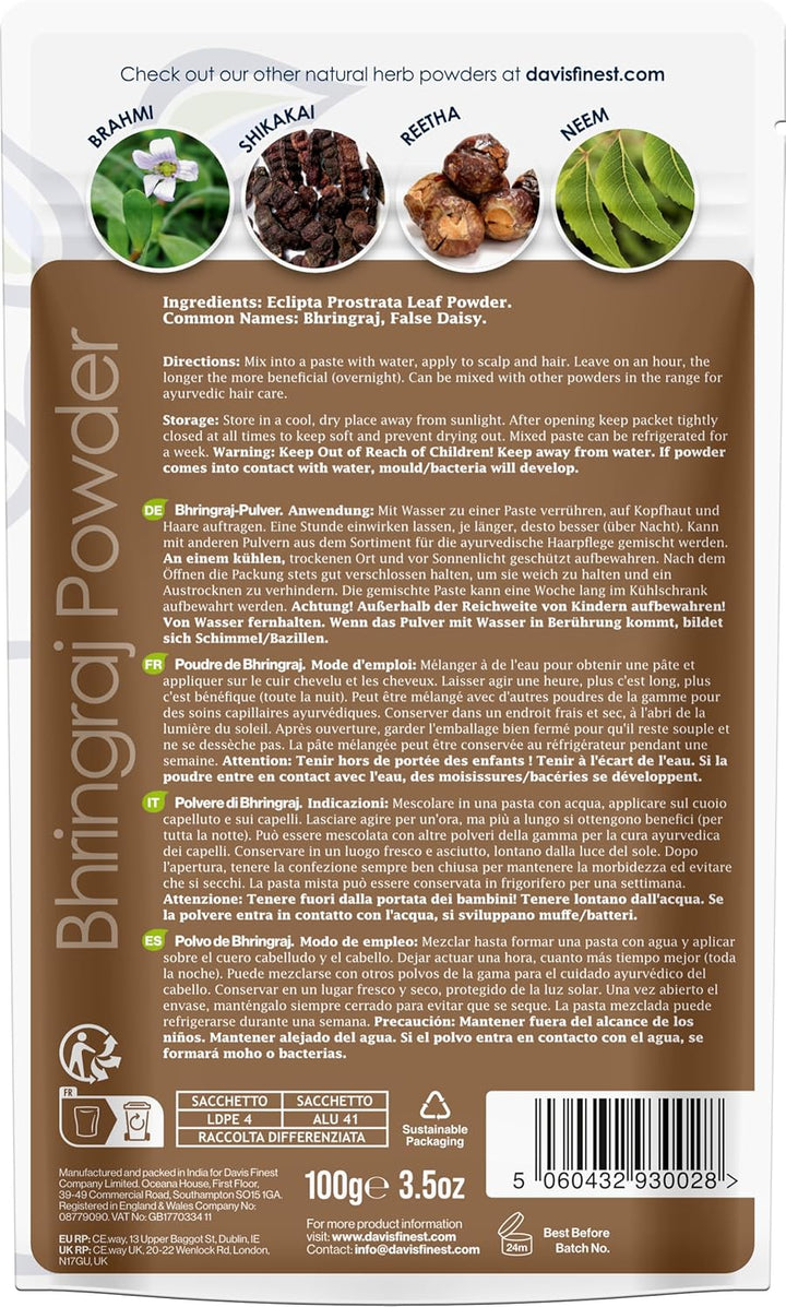 Organic Bhringraj Powder 100G, Healthy Scalp, Hair Growth, Pure & Natural Essential Ayurvedic Hair Mask for Hair Loss, Hair Fall, Split Ends, Damaged Thinning Hair