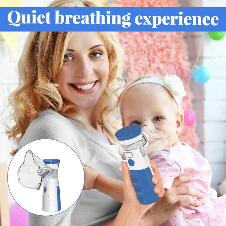 Portable Nebulizer Machine for Adults & Kids - Adjustable Silent Nebuliser with 2 Masks (1 Big + 1 Small) & Mouthpiece - Home & Travel Steam Inhaler (Blue)