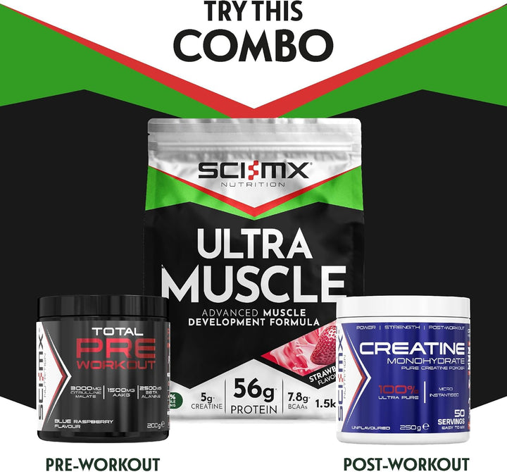 Ultra Muscle - Protein Powder for Muscle Development + 23 Vitamins & Minerals - Strawberry • 5G Creatine + 7.8G Bcaas per Serving • 1.5Kg