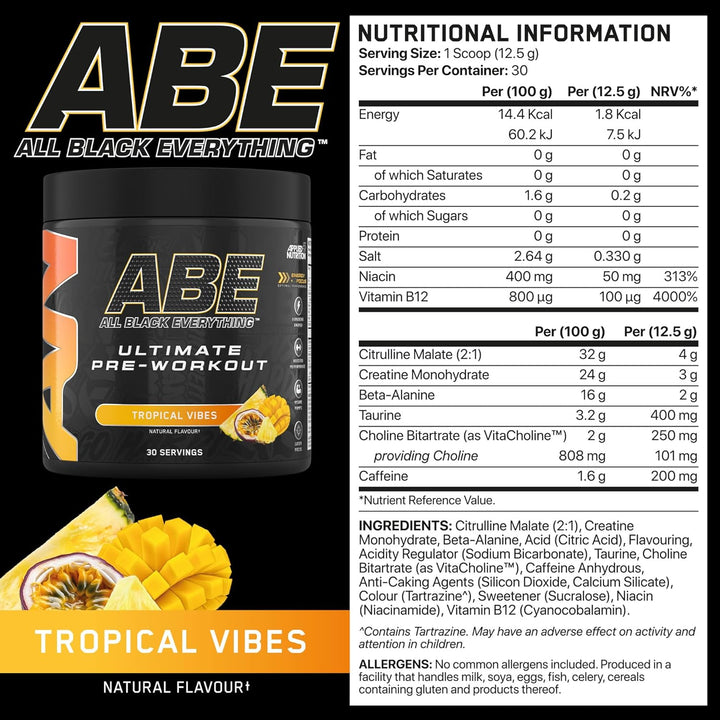 ABE Pre Workout - All Black Everything Pre Workout Powder, Energy & Physical Performance with Citrulline, Creatine, Beta Alanine (375G - 30 Servings) (Tropical)