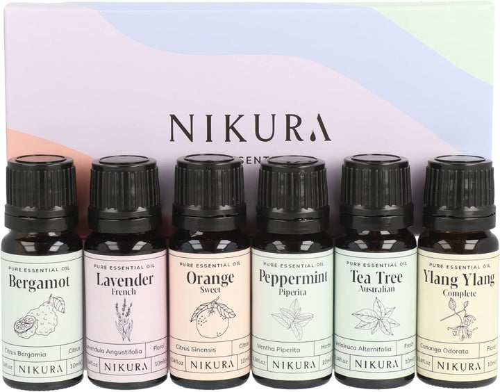 Starter Kit Essential Oil Gift Set - 6 X 10Ml | Essential Oil for Diffuser for Home, Aromatherapy, Strong Fragrance, Sleep | Eucalyptus, Lavender, Lemongrass, Sweet Orange, Peppermint, Tea Tree