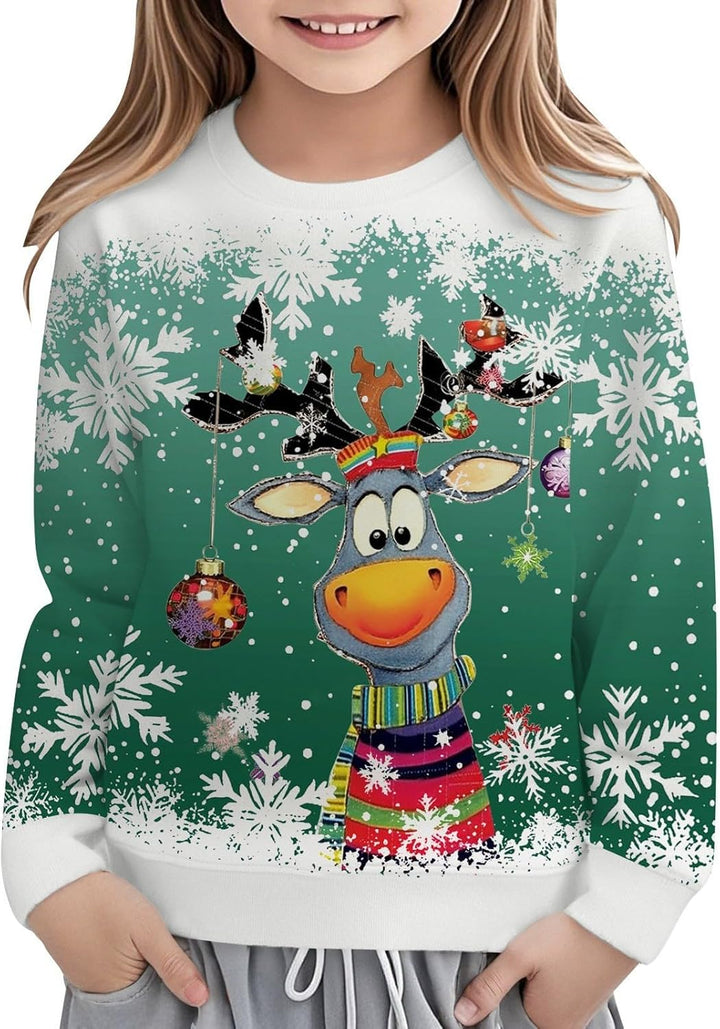Festive Reindeer Print Girls Long Sleeve Crewneck Sweatshirt for Holiday Cozy Casual Pullover Top Kids
