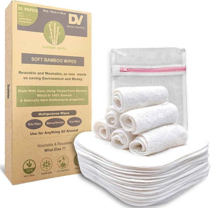 30 Bamboo Reusable Baby Wipes - Face Cloth - Makeup Remover Cloth from Natural Thread for Face & Hand with 2In1 Laundry Bag/Carrying Bag