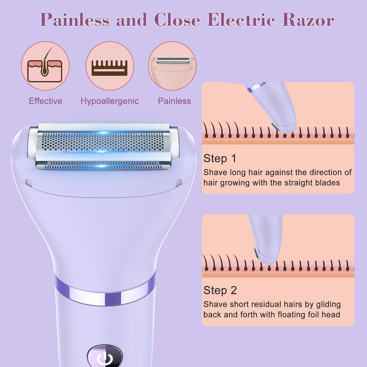 3-In-1 Electric Razor IPX7 Waterproof Bikini Trimmer Wet & Dry Use Painless Personal Trimmer Groomer for Ladies Face Body Legs Bikini Public Hairs Electric Lady Shaver with Replaceable Heads