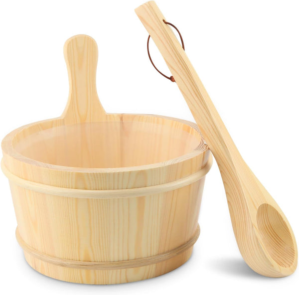 Wooden Bucket and Ladle Set,4L Capacity Sauna Water Bucket,With Handle and Plastic Insert,Wood Ladle Kit Barrel Set Accessories,For Home-Sauna/Steam Room