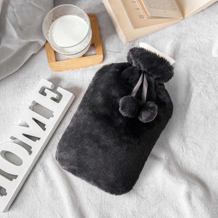 Large 2L Hot Water Bottle with Plush Cover & Bobble - Durable, Washable Heating Pad for Body Pain Relief & Cosy Nights - Perfect for Aches, Pains, and Thoughtful Gifts (Black Plush)
