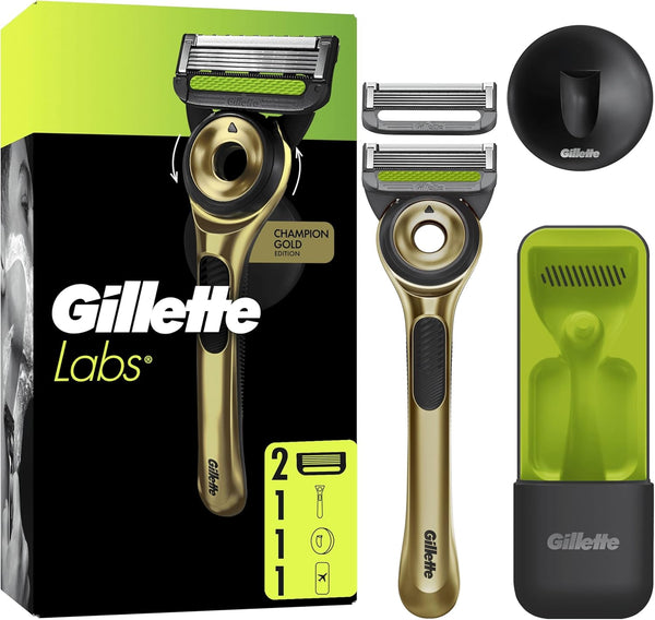 with Exfoliating Bar, Razor for Men Champion Gold Edition, 1 Handle - 2 Blades, Includes Travel Case for Convenient Storage on the Go and Wall Hanger for Easy Storage in the Bathroom