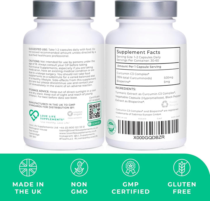 Curcumin 95 + Bioperine® by LLS | High Strength Turmeric Curcumin Capsules Containing 96.9% Curcuminoids and Black Pepper Extract | 500Mg X 60 Veg Capsules | Made in UK under GMP/BRC License