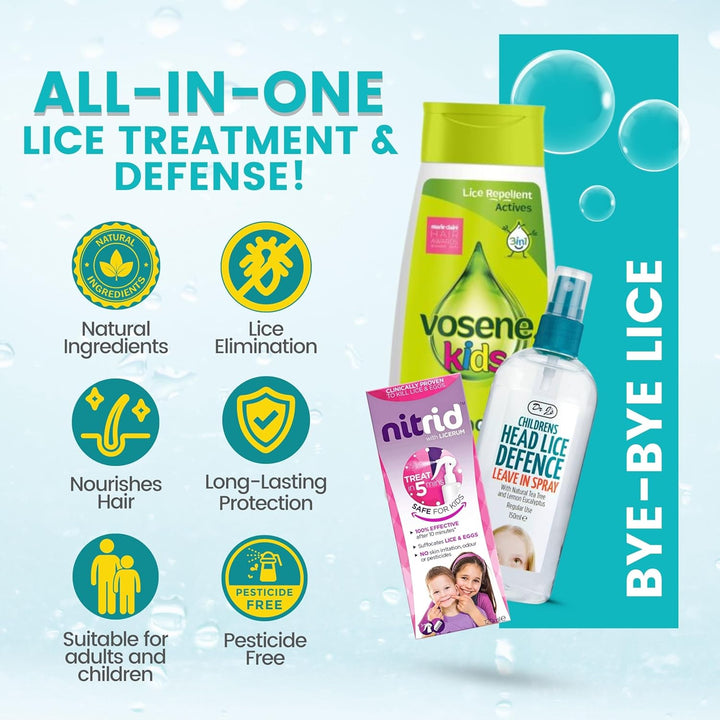 Head Lice Treatment Kit with 1 X Nitrid Headlice Treatment Spray 120Ml, 1 X Vosene 3-In-1 Lice Shampoo, 1 X Dr J'S Head Lice Defence Spray Bundle with 2 X  Nit Combs