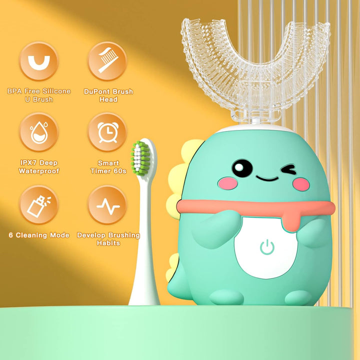 Kids Electric Toothbrush U Shaped Toddler Auto Sonic Toothbrushes with 5 Brush Head，Cartoon Dinosaur Ultrasonic Toothbrushes for Children 2-12 Years，360° Full Mouth Cleaning Automatic