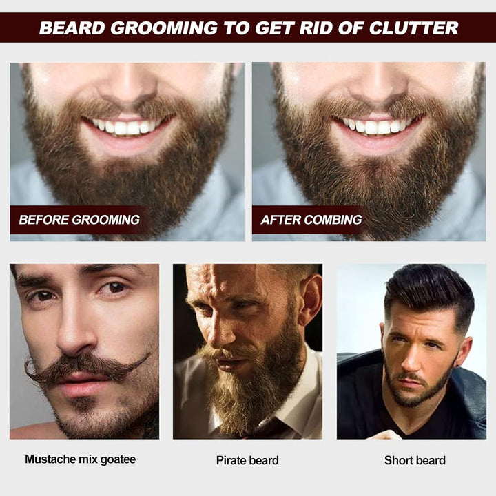 Beard Brush Comb Set for Men, Wooden Boar Bristle Hair Moustache Comb Beard Brush Set for Combing Beard Hair, Removing Debris, Massages Face