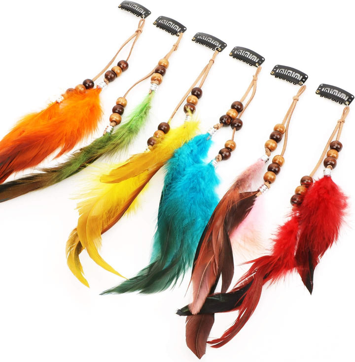 6Pcs Clip in Feather Hair Extension, Feather Extension, Women Halloween Costume Hair Accessories, Bohemian Hippie Hair Clips, Cosplay Native Tribal Feather Braided Beads Headdress