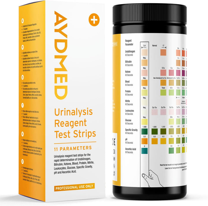 100 X AYDMED 11-In-1 Urine Test Strips | 11 Parameter Urine Test Strips for Urobilinogen, Bilirubin, Ketone, Blood, Protein, Nitrite, Leukocytes, Glucose, Specific Gravity, Ph & Ascorbic Acid