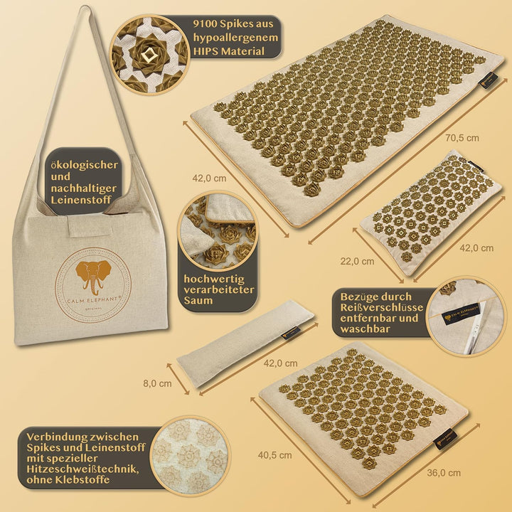 Genuine XXL Acupressure Mat 5-Piece Set with Ergonomic Pillow, Lumbar Pillow, Foot Mat, Bag – Relieves Back, Neck & Shoulders, Reduces Stress, Meditation - Beige