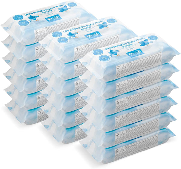 Ultra Sensitive Baby Wipes, 99% Water, 1080 Wipes, Unscented, 18 Pack of 60, (Previously a Mama Bear Brand, Same Product)