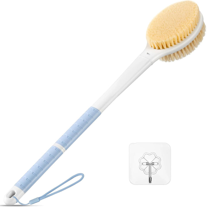 Back Scrubber Body Shower Brush: anti Slip Long Handle Bath Brush with Stiff and Soft Bristles - Showering Exfoliator Wet or Dry Brushing for Women, Men, Elderly (Blue)