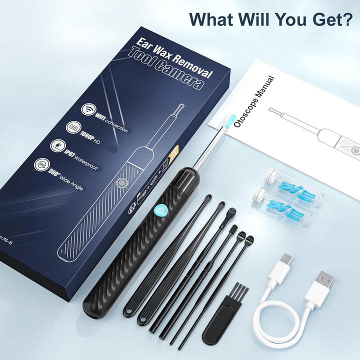 Ear Wax Removal - Earwax Remover Tool with 7 Pcs Ear Set - Ear Cleaner 1080P HD Ear Scope - Camera with 6 Led Lights - Ear Cleaning Kit with 11 Ear Spoon - Ear Camera for Ios & Android（Glossy Black）