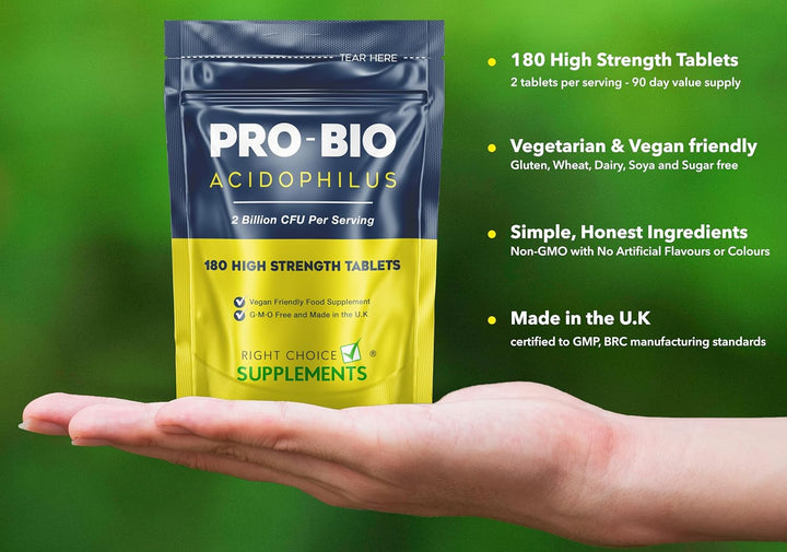 Probiotics for Gut Health | 180 Lactobacillus Acidophilus Tablets (Not Capsules) | High Strength Probiotic Supplement for Men & Women | Vegan, GMO, Gluten Free & UK Made