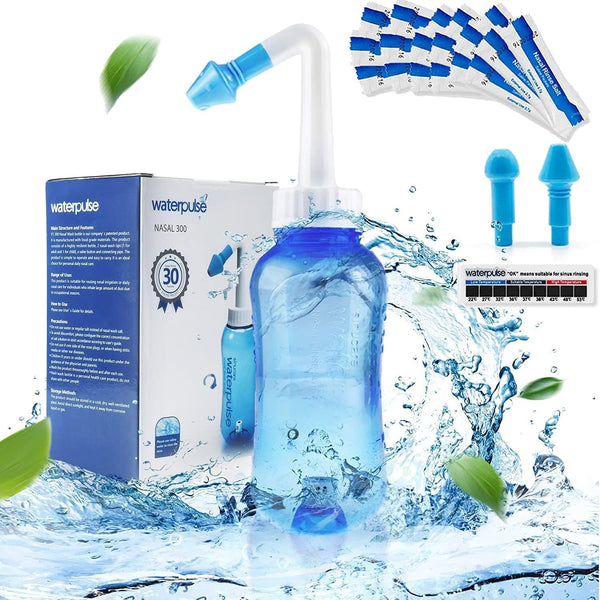 Neti Pot, Sinus Rinse Bottle 300Ml, Nose Cleaner, Nasal Irrigation System with 30 Nasal Wash Salt Packets and Sticker Thermometer for Adult & Kid BPA Free(300Ml,Blue)