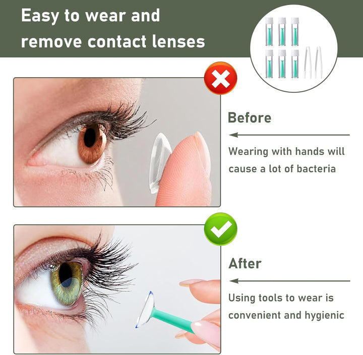 6 Pack Silicone Contact Lens Inserter, Contact Lens Remover with 2 White Tweezers, Hygienic Suction Holder for Soft and Hard Lenses Ideal for Travel and Daily Use Lightweight and Portable Design Green