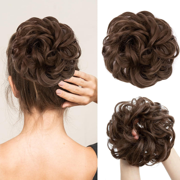 Messy Bun Hair Piece, Wavy Curly Messy Bun Scrunchie, Thick Tousled Hair Pieces for Women Girl(Black）