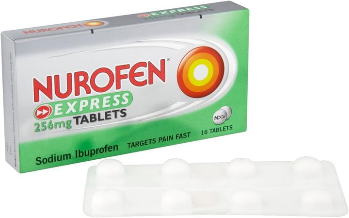 Express Ibuprofen 256Mg, 16 Tablets - Pain, Sinus, Migraine, Headache, Toothache Relief, Long Lasting Cold & Flu Relief