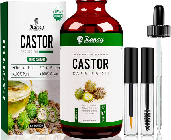 Organic Castor Oil for Eyelashes and Eyebrow Growth 100Ml Cold Pressed Castor Oil for Hair Growth, Nails & Skin, 100% Natural Castor Oil - Glass Bottle + Pipette + Eyelash & Eyebrow Brush