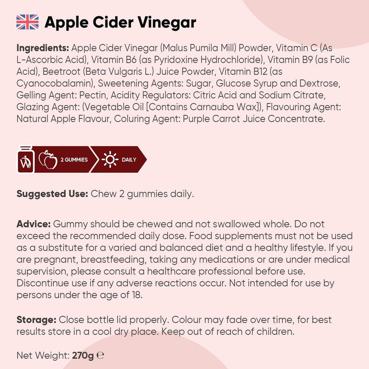 Apple Cider Vinegar Gummies 1000Mg - 90 Gummies - with Natural Apple Flavour - 45 Days Supply - Apple Cider Vinegar with Mother - Vitamin C, B12, B6, B9 & Beetroot Powder - Unfiltered & Vegan-Friendly