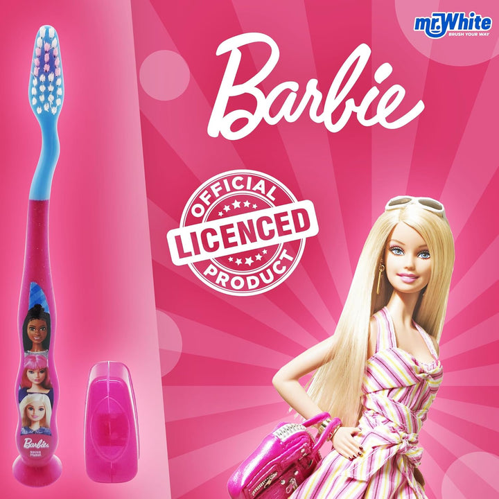 Barbie Little Teeth Toothbrush for Kids with Protection Cap, Soft Rounded Bristles, Comfortable Handle Grip and Suction Cup for Upright Storage for Children Ages 3+