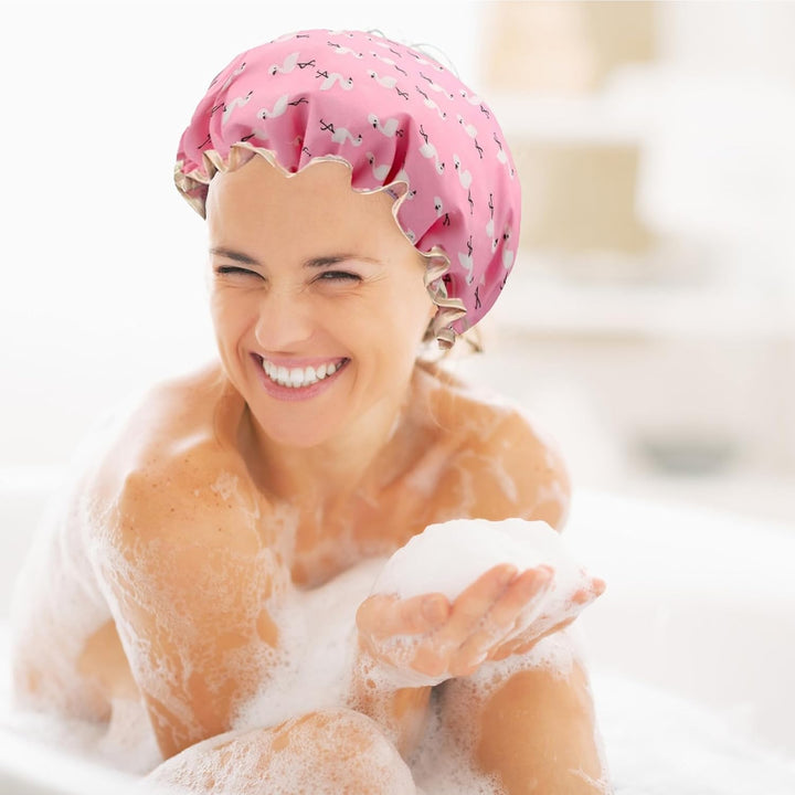 Pack of 2 | Shower Caps for Women, Double Layers Waterproof Bath Caps with Elastic Band, Reusable Shower Hat for Keeping Hair Dry Kitchen Oil-Proof Cap for Adults and Children