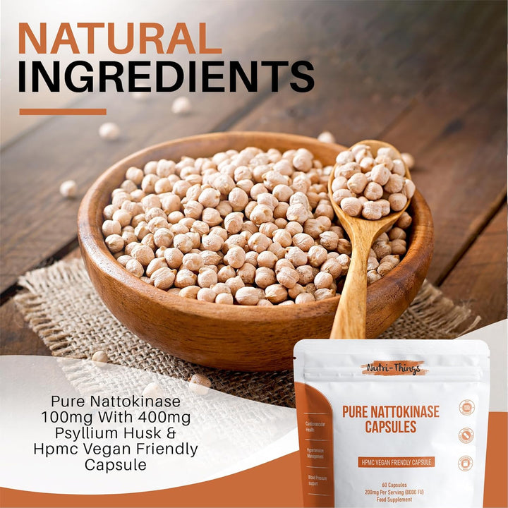 Pure Nattokinase Capsules - Natural Cardiovascular Support - 200Mg Pure Nattokinase from Fermented Soybeans - Enhanced with Psyllium Husk for Added Benefits - 60 Capsules