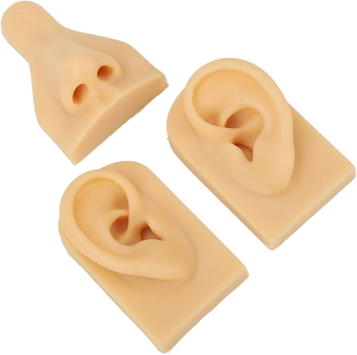 Fake Nose, Silicone Body Parts Silicone Nose Ear Model 3D Simulation Ear Model Set Fake for Piercing Practice Teaching, Earrings Jewelry Display (Light Skin Tone)