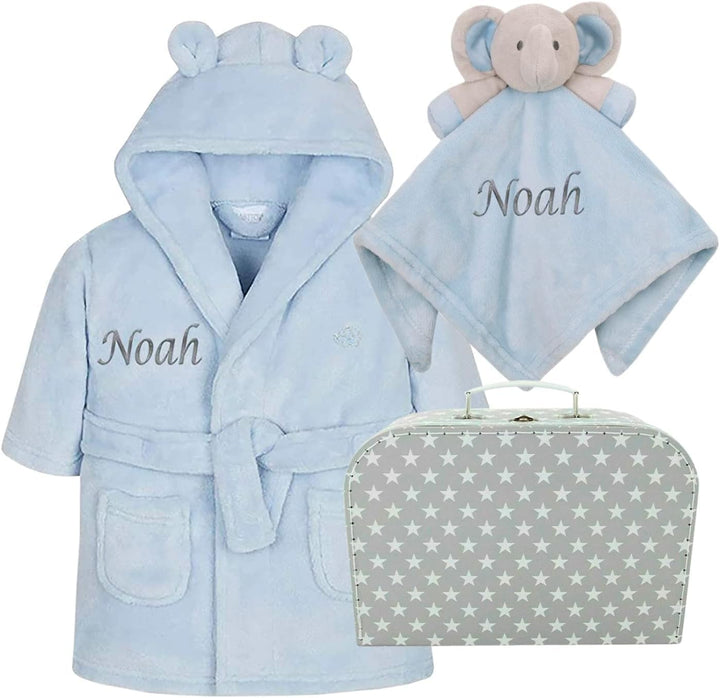 Newborn Baby Boy Gift Set Personalised New Baby Gift Blue Baby Dressing Gown Comforter Hamper Present