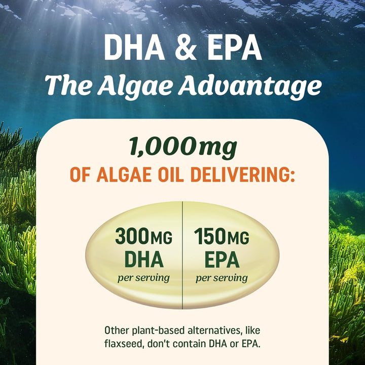 Vegan Omega 3 Algae Oil | Plant Based DHA EPA | Sustainably Sourced, No Carrageenan, Non GMO | Heart, Brain, and Eye Health | Fish Oil Alternative | Algae Omega 3 Supplement | 60 Softgel Capsules