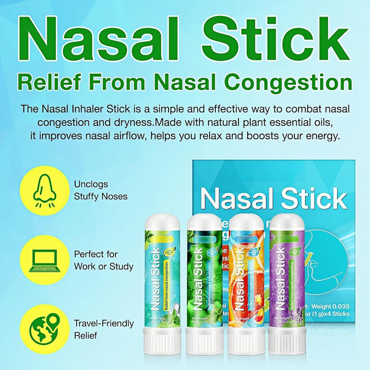4 Pack Nasal Stick, Natural Refreshing Nasals Inhaler Stick, Nasal-Inhaler Blocked, Herbal Lung Cleansing Inhaler, Instant Relief for Stuffy Noses, Enhances Breathing & Focus