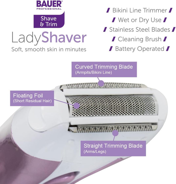38730 Soft and Smooth Lady Shaver / Painless Hair Removal / Arms, Legs and Bikini Trimmer / Battery Operated / Wet and Dry Shave / Bikini Trimmer Attachment / Stainless Steel Blades