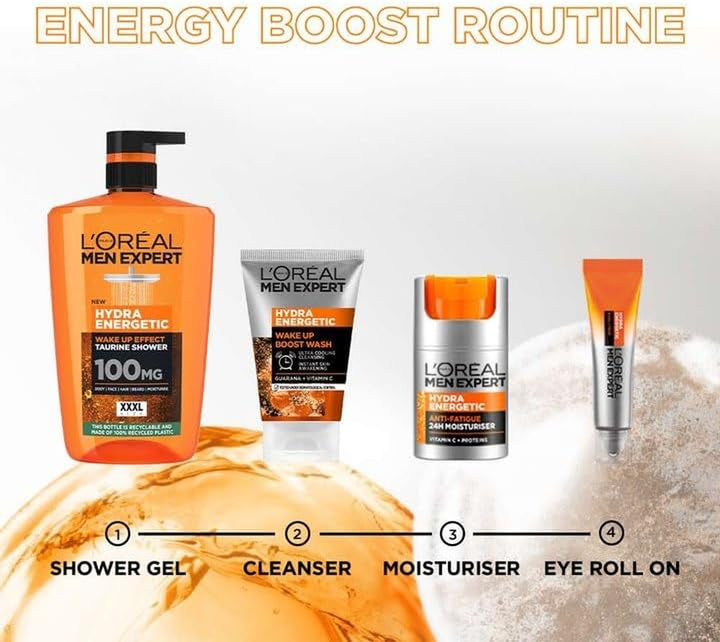 L'Oréal Men Expert Hydra Energetic 3-In-1 Shower Gel - Energizing Body, Face & Hair Wash for Men, Instant Wake-Up Effect, Invigorating & Refreshing Cleanser XXXL 1L