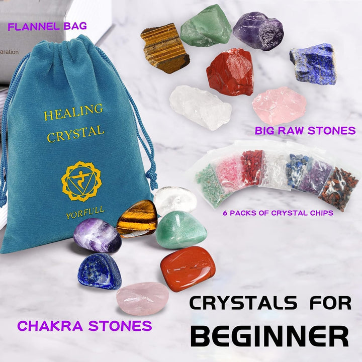 Healing Crystal for Beginners 7 Chakra Crystal Set,23 Pcs Healing Crystal Wiccan Reiki Gift,3 Types of Gemstones,Natural Gemstones,Raw Stones,Crystal Gravel with Instruction