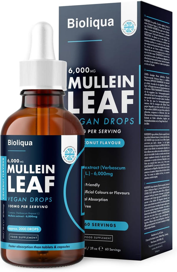 Mullein Leaf Liquid Drops - 60Ml - 2 Month Supply - High Strength - Vegan - 60 Servings - Premium Mullein Leaf Extract - 6,000Mg per Bottle - Fast Absorption - UK Made by Balance (1X Pack)