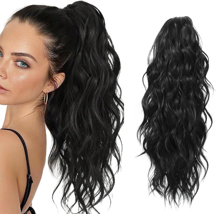 Black Hair Claw Clip with Long Curly Wavy Ponytail Extensions - Drawstring Ponytail for Women - Natural Black (18'')