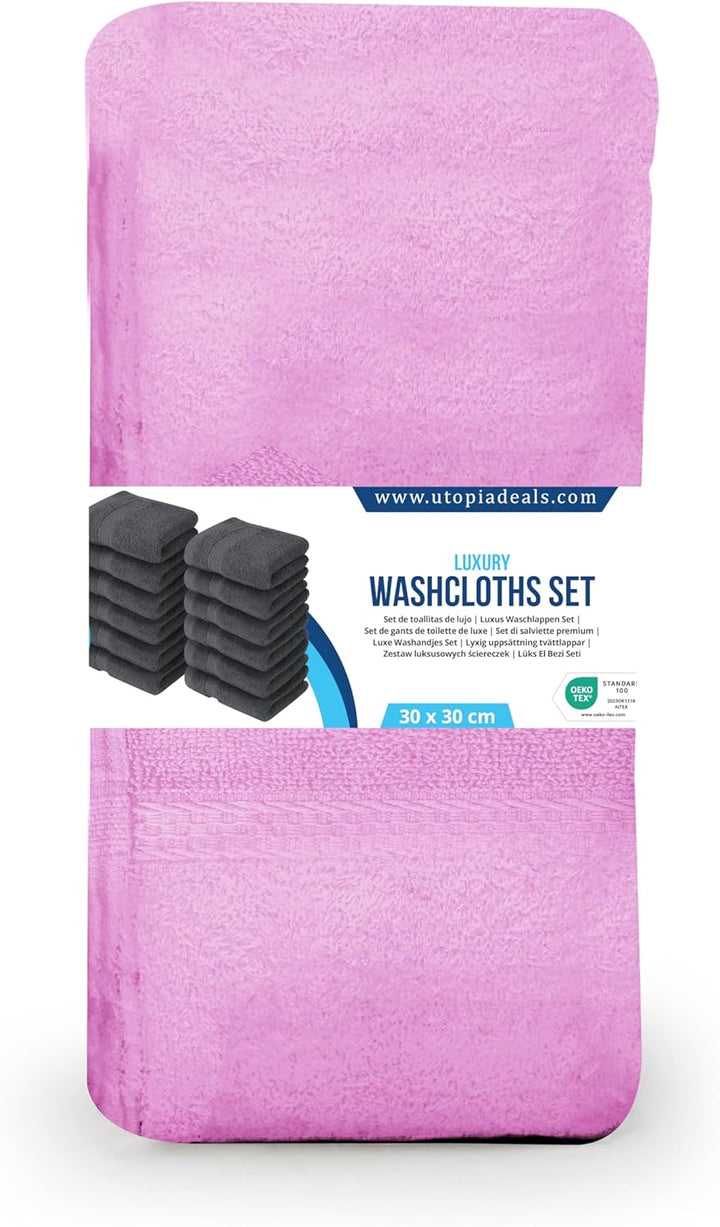 Premium Washcloth Set (30 X 30 CM) 100% Cotton Flannel Face Cloths, Highly Absorbent and Soft Feel Fingertip Towels (12 Pack, Pink)