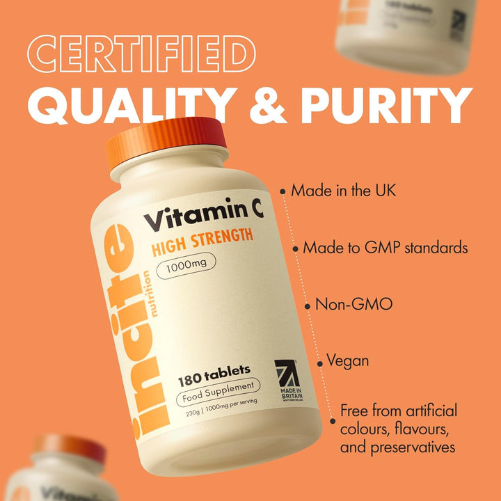 Vitamin C 1000Mg | 180 Premium Tablets (6 Month’S Supply) | High Dose Quality Ascorbic Acid | Suitable for Vegetarian & Vegans| Made in the UK by ®