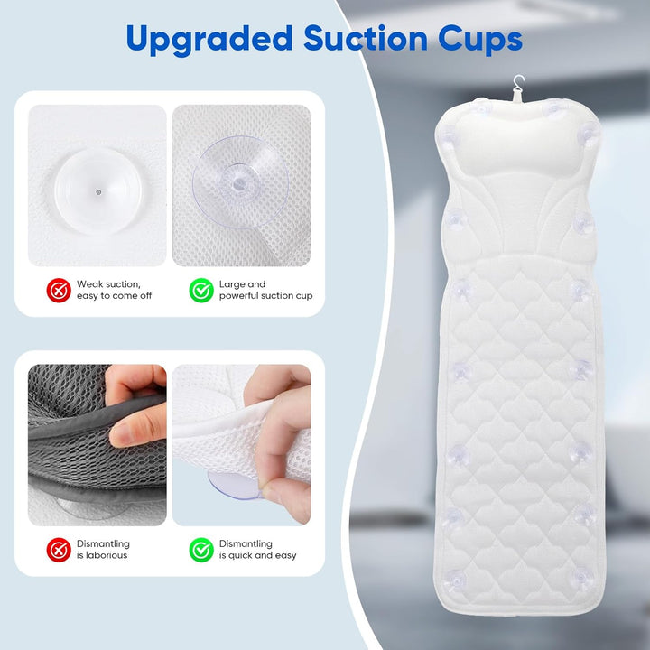 Full Body Bath Pillow Mat & Cushion, Bathtub Pillow Headrest with Comfort Soft 5D Air Mesh and 16 Powerful Suction Cups for Women Spa Relaxing Fits All Bathtub