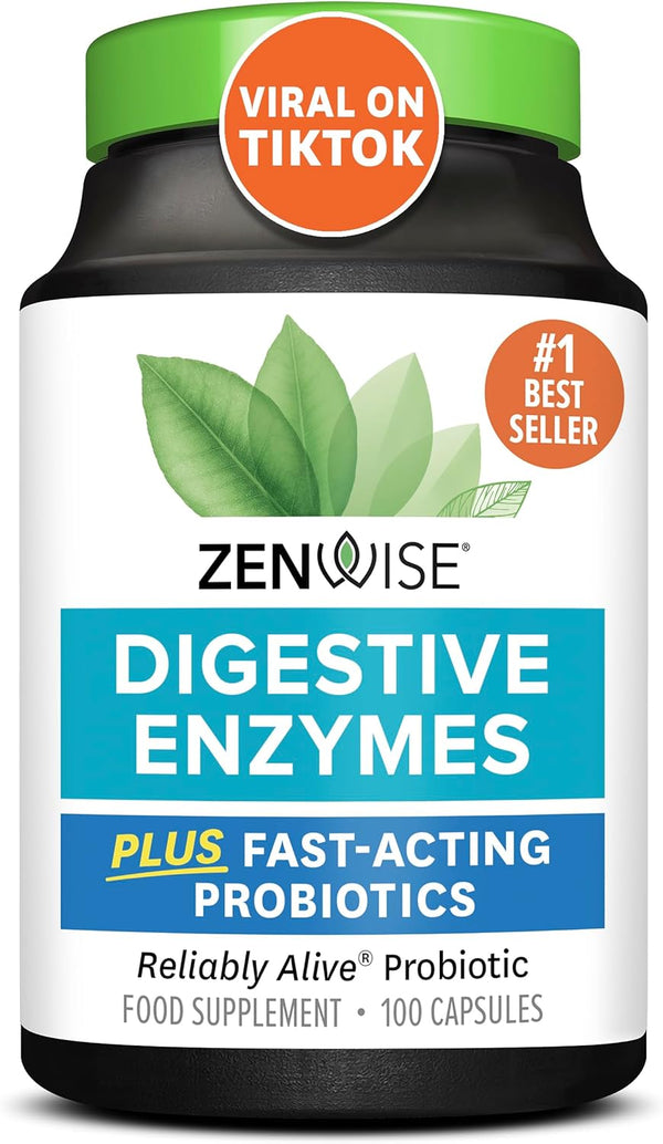 Digestive Enzymes + Probiotics for Gut Health and Prebiotics Fibre Supplements for Digestion - 100 Count