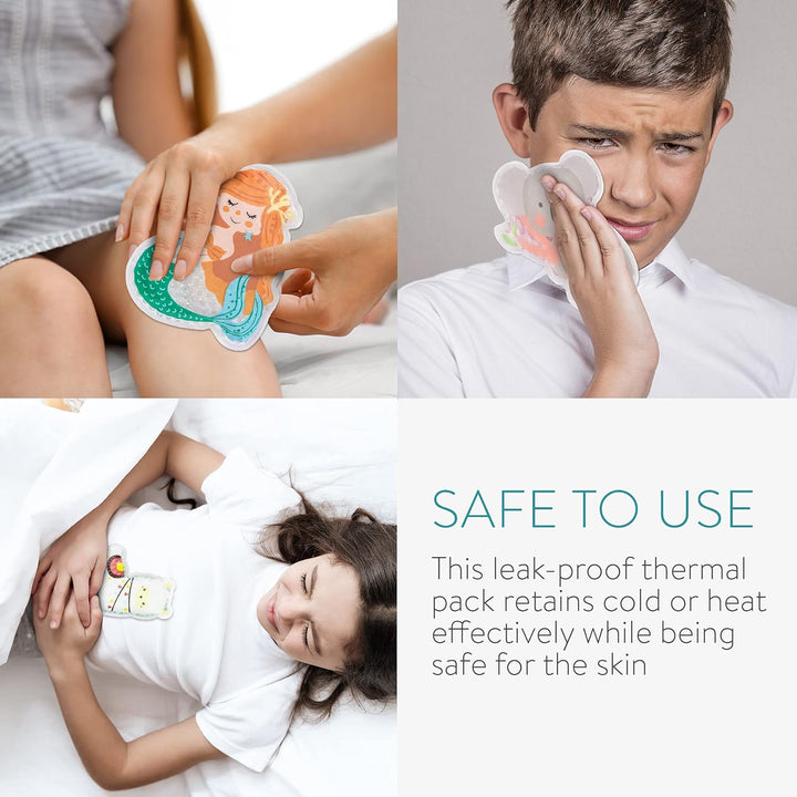 Girls Hot and Cold Packs (Set of 4) - Kids Reusable Heat and Ice Gel Pack Set - Koala/Alpaca/Mermaid/Dinosaur