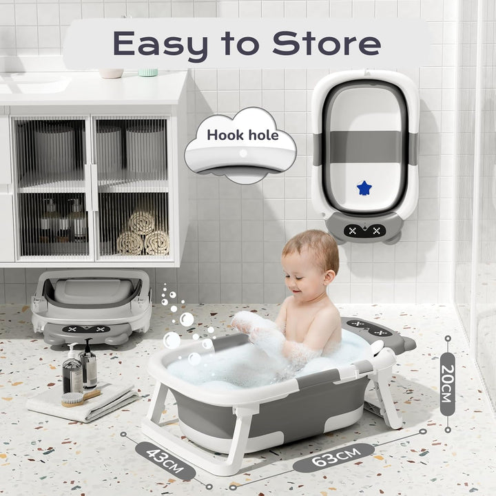 Baby Bath Tub Foldable, Baby Bathtub Collapsible Essentials for Newborn with Soft Cushion (0-18Months), Baby Shower for Infant to Toddler Gift Portable Space-Saving Travel,Grey