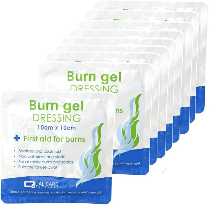 (BOX of 10) First Aid Burn Gel Dressing 10Cm X 10Cm Medium Size - Emergency Burncare for Scolds & Burns