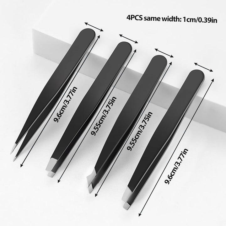 Tweezers Set - Professional Stainless Steel Tweezers for Eyebrows - Great Precision for Facial Hair, Splinter and Ingrown Hair Removal (Black)